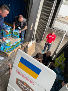 lorry loaded up with water bottles